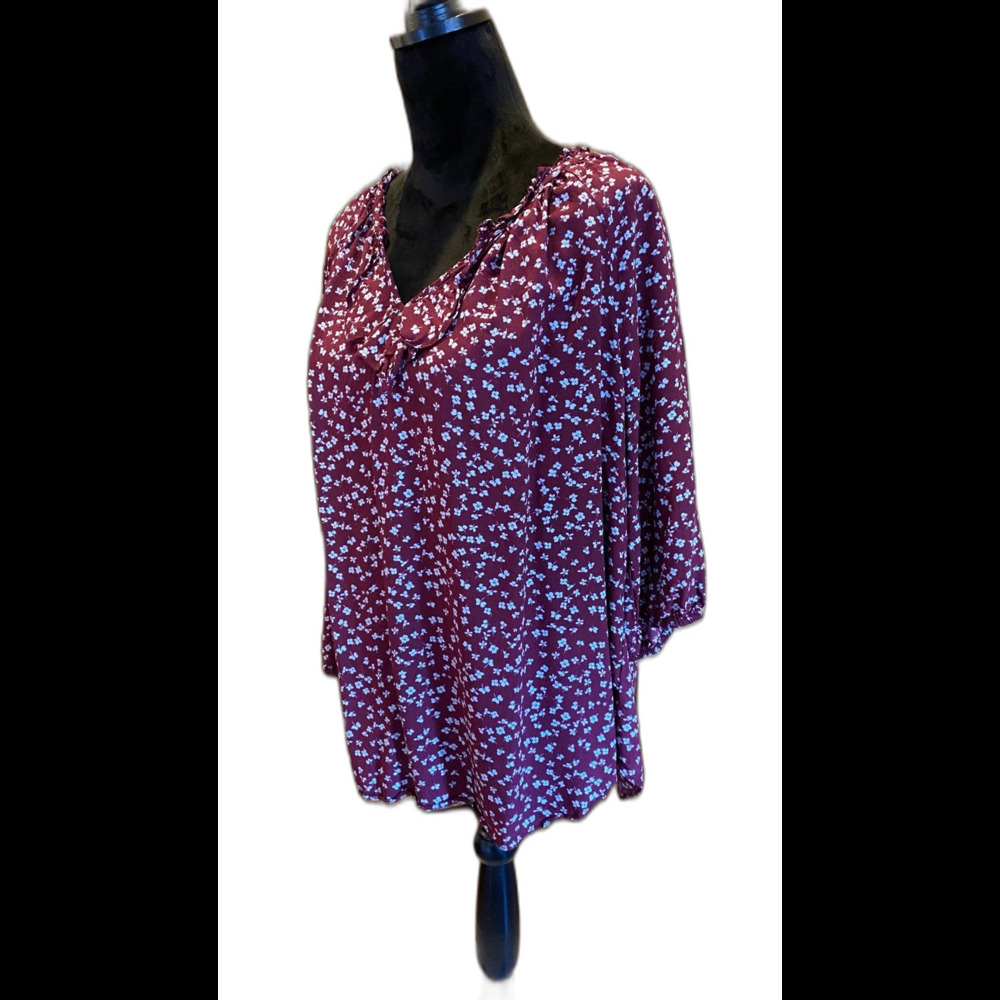 A.N.A. Boho Peasant Womens Plus Size‎ XL Burgundy Patterened Blouse Top